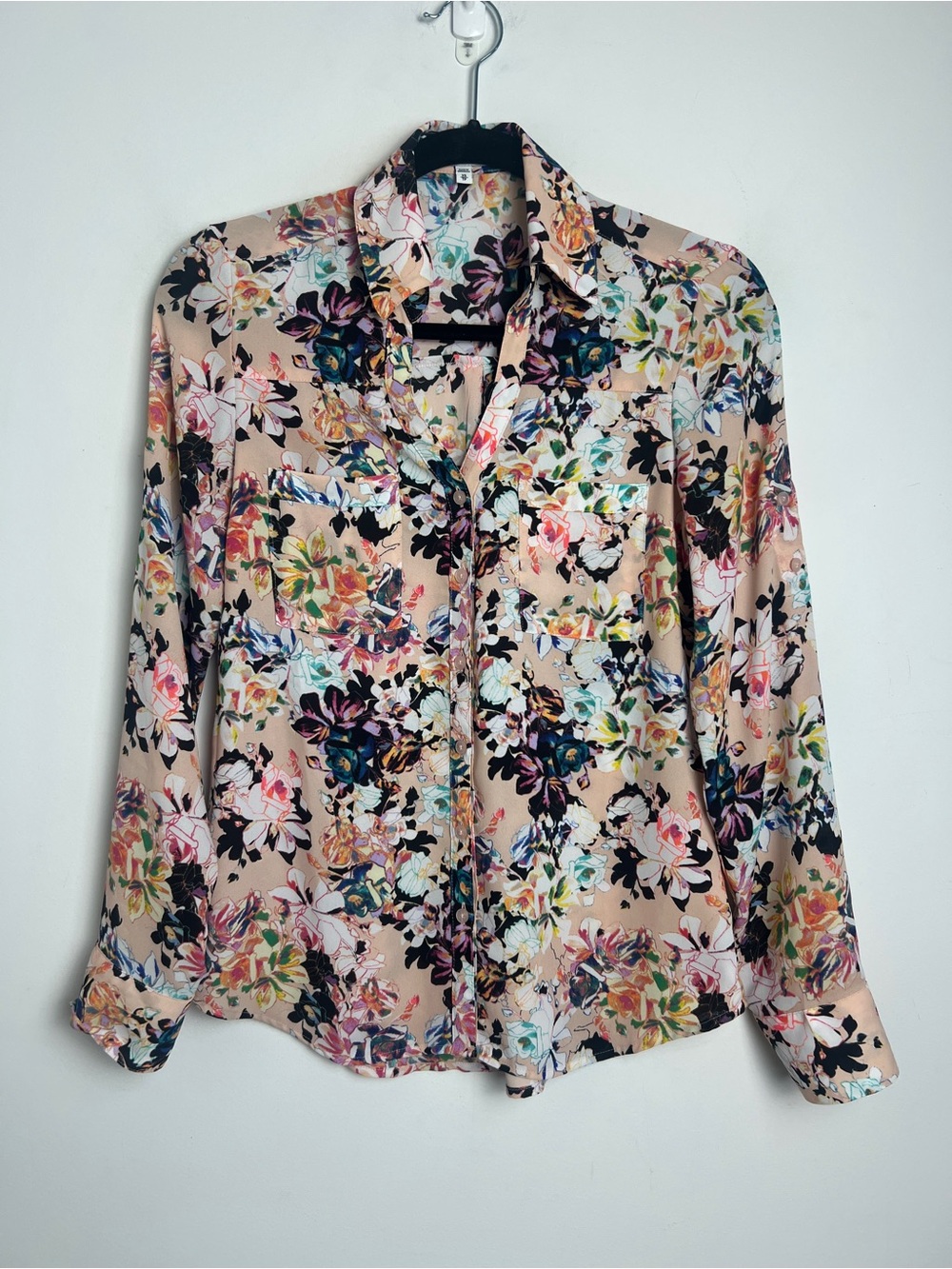 Express XS Blush With Bright Floral The Portofino‎ Shirt Roll Tab Sleeves Career